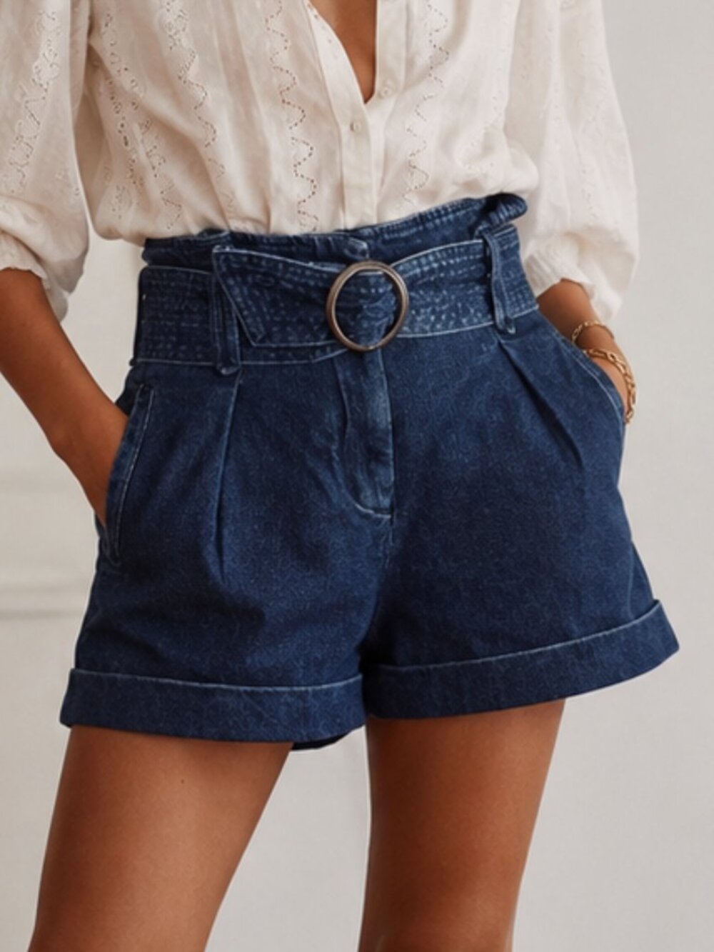 Sézane Rome Shorts Deep Blue Denim Paperbag Belted High Waist Size FR 34 / US 2 - Picture 1 of 13